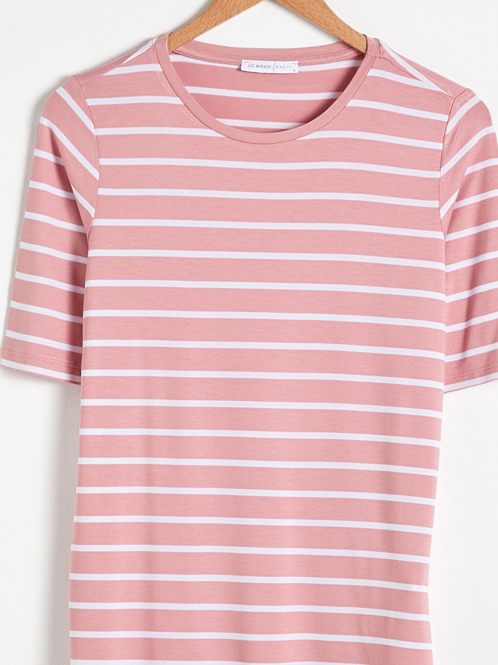Pembe Bisiklet Yaka Çizgili Kısa Kollu Tişört-8