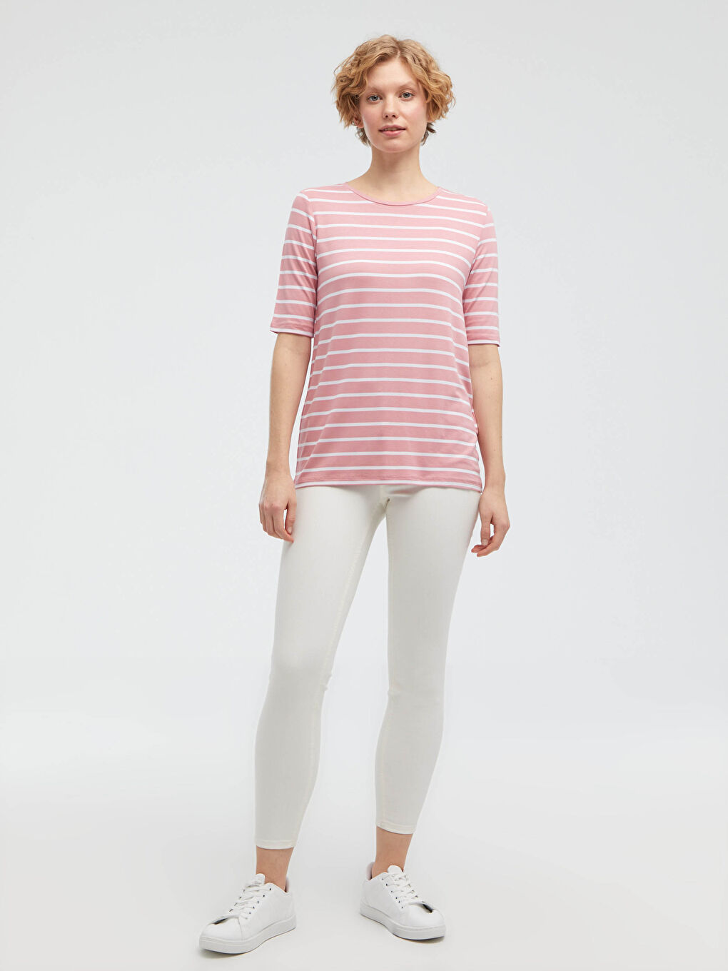 Pembe Bisiklet Yaka Çizgili Kısa Kollu Tişört-3