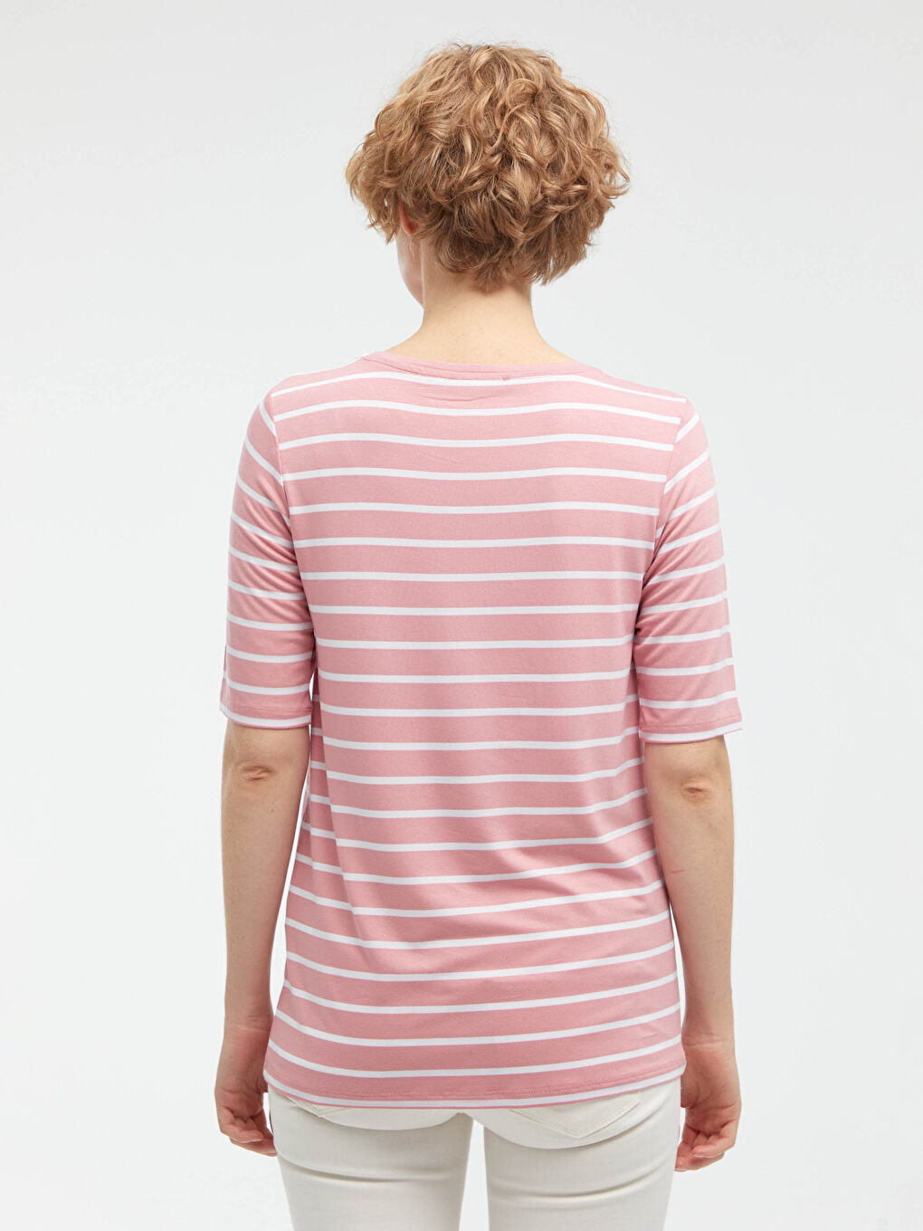 Pembe Bisiklet Yaka Çizgili Kısa Kollu Tişört-4