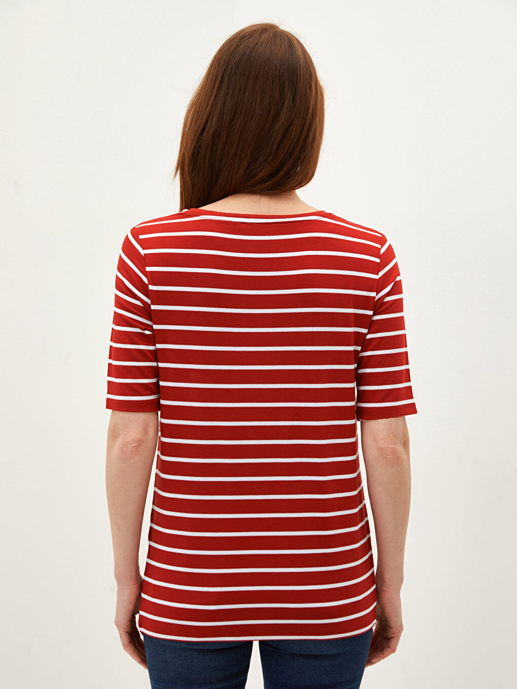 Kırmızı Bisiklet Yaka Çizgili Kısa Kollu Kadın Tişört-4