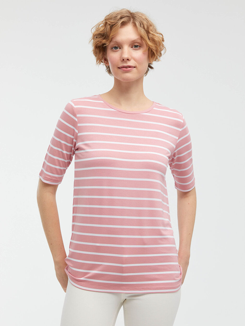 Pembe Bisiklet Yaka Çizgili Kısa Kollu Tişört-5