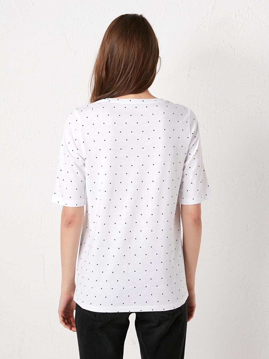 Ekru Bisiklet Yaka Desenli Kısa Kollu Pamuklu Kadın Tişört-3