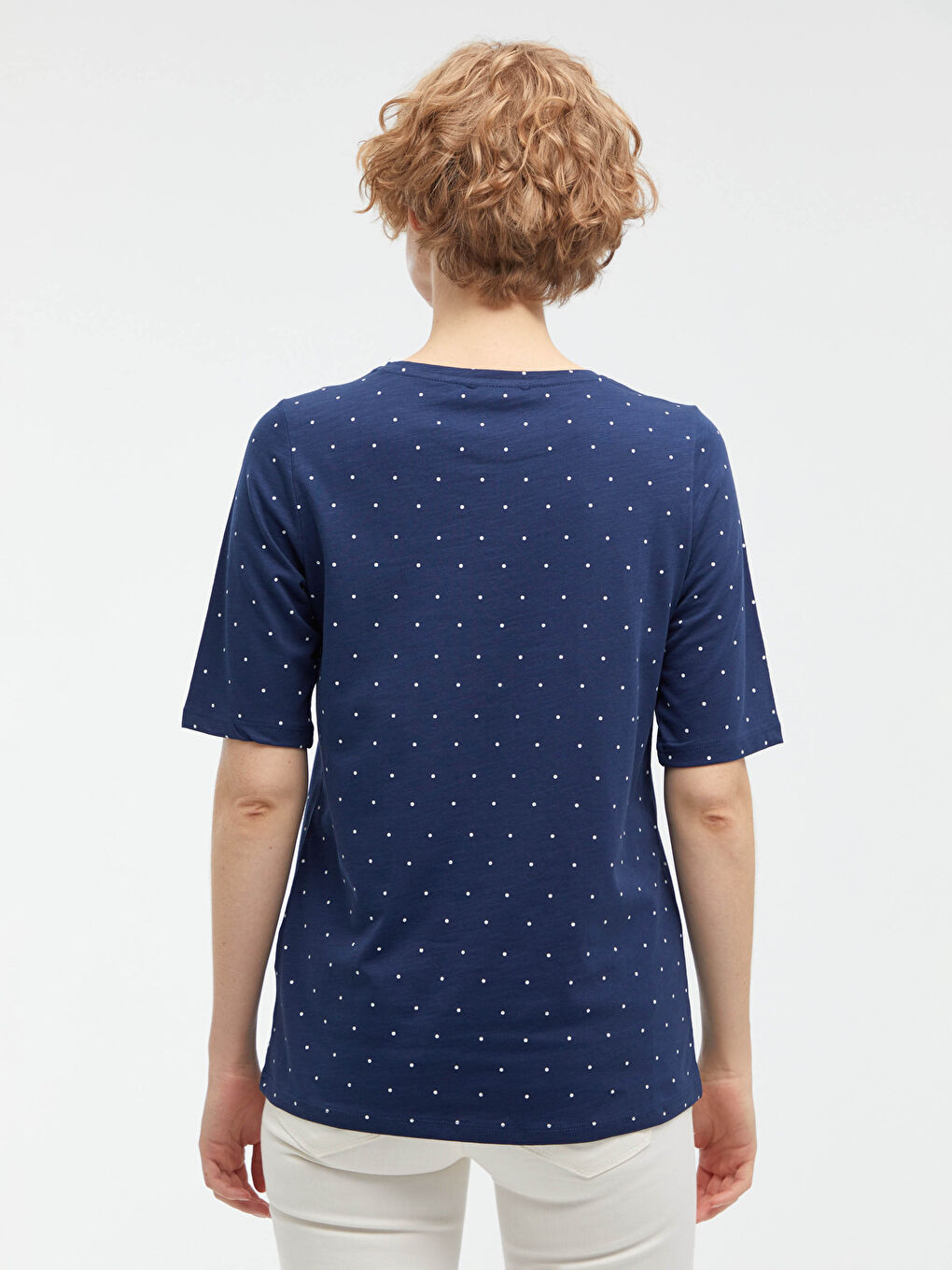 Lacivert Bisiklet Yaka Desenli Kısa Kollu Pamuklu Kadın Tişört-4