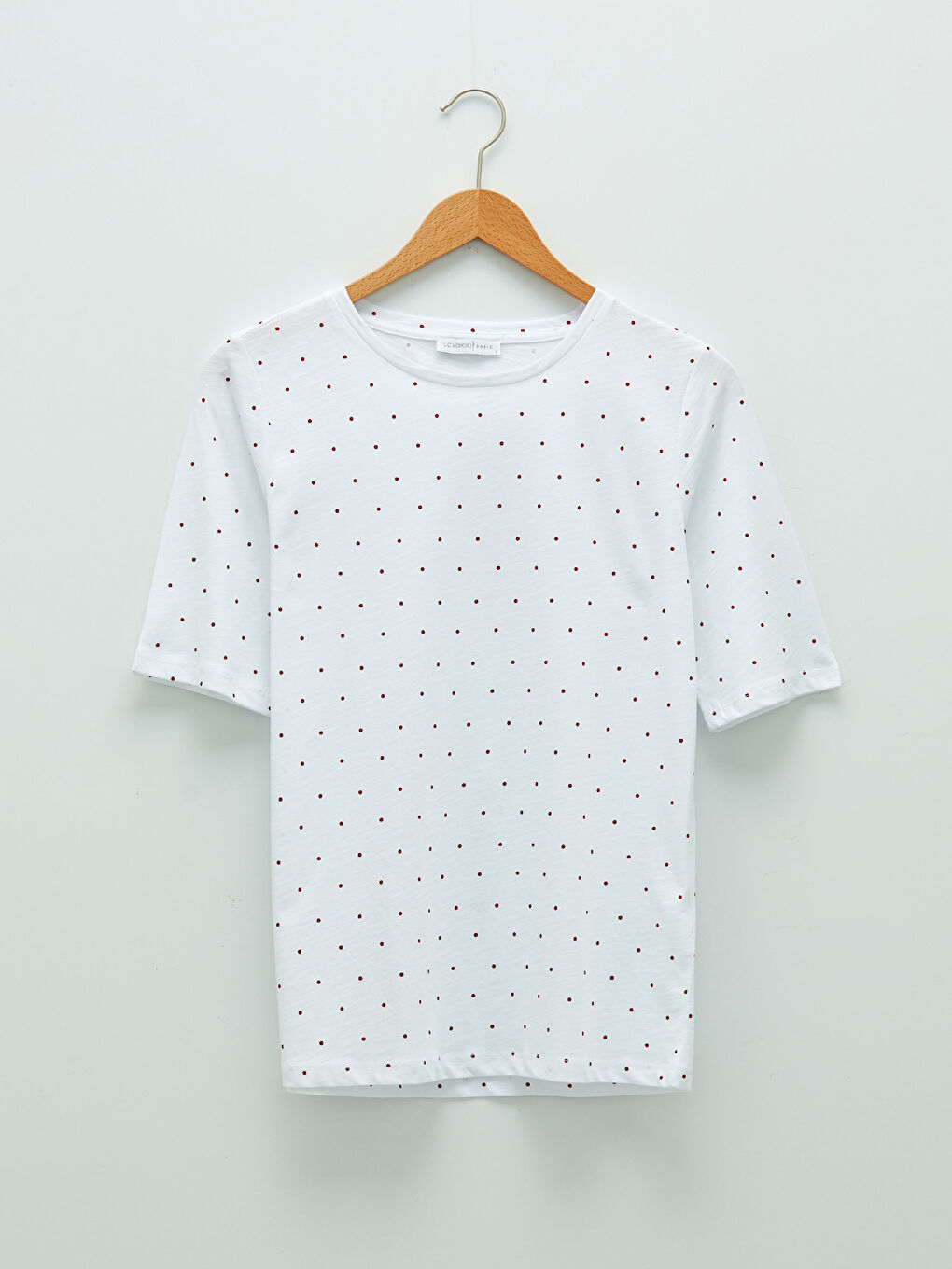 Kırmızı Bisiklet Yaka Puantiyeli Kısa Kollu Pamuklu Kadın Tişört-5