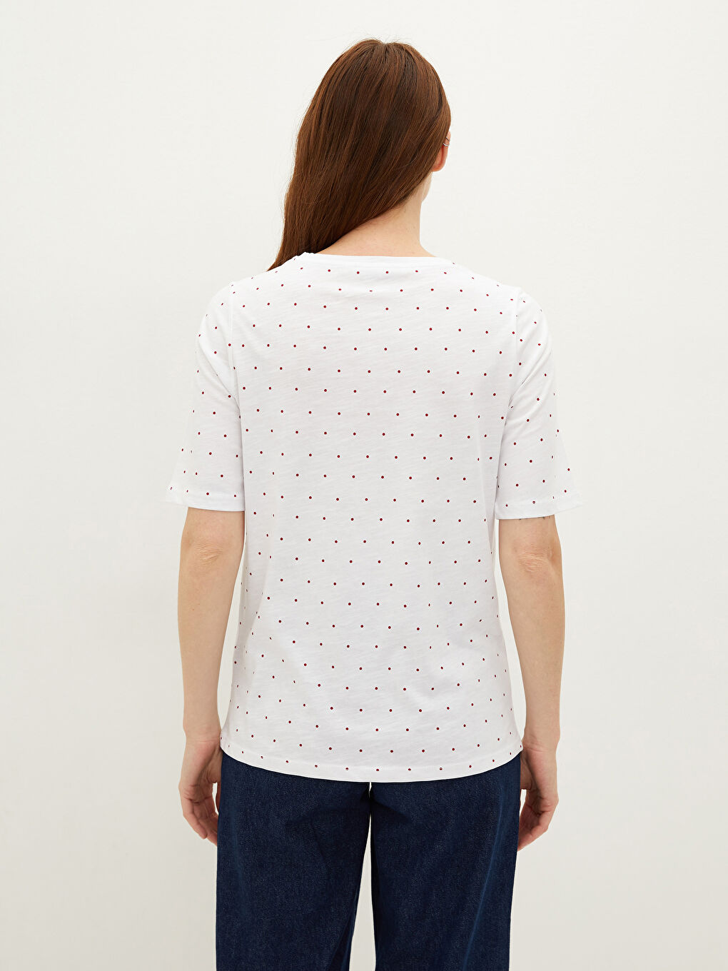 Kırmızı Bisiklet Yaka Puantiyeli Kısa Kollu Pamuklu Kadın Tişört-4