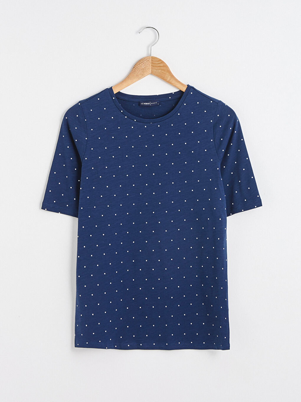 Lacivert Bisiklet Yaka Desenli Kısa Kollu Pamuklu Kadın Tişört-6