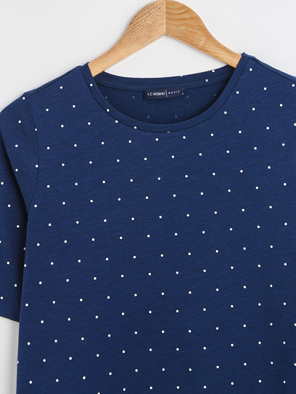 Lacivert Bisiklet Yaka Desenli Kısa Kollu Pamuklu Kadın Tişört-8