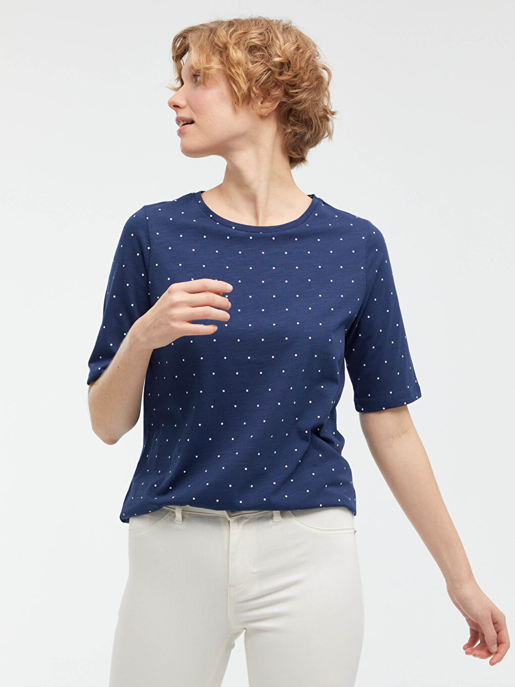 Lacivert Bisiklet Yaka Desenli Kısa Kollu Pamuklu Kadın Tişört-5