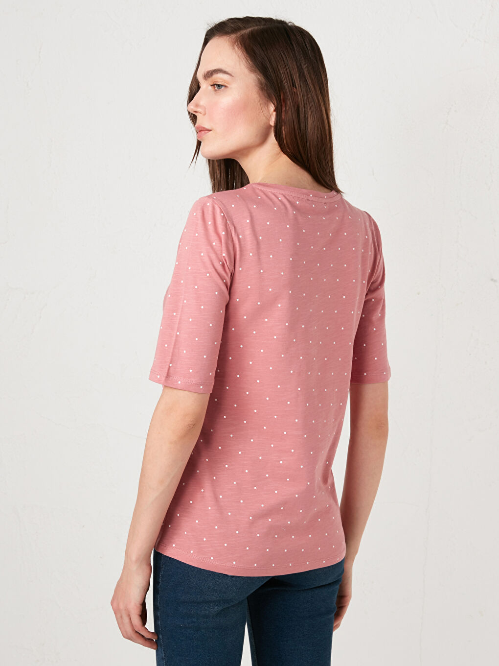 Pembe Bisiklet Yaka Desenli Kısa Kollu Pamuklu Kadın Tişört-2