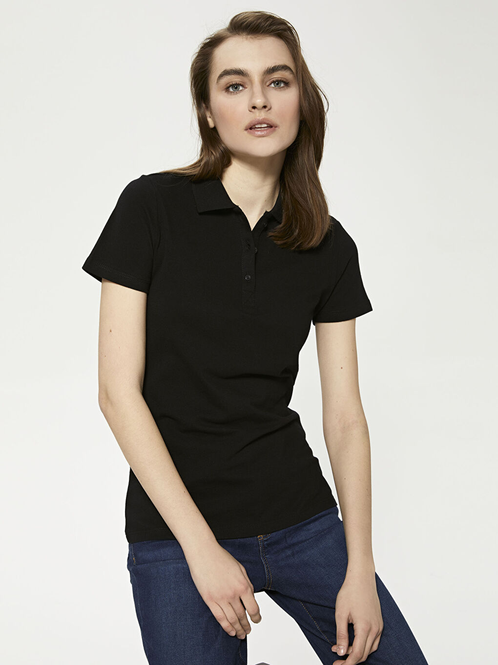Siyah Polo Yaka Düz  Kısa Kollu Pike Kadın Tişört
