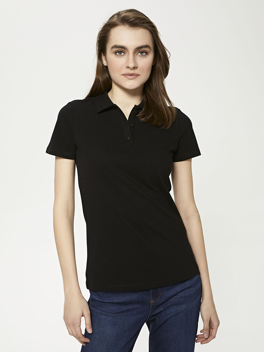 Siyah Polo Yaka Düz  Kısa Kollu Pike Kadın Tişört-1