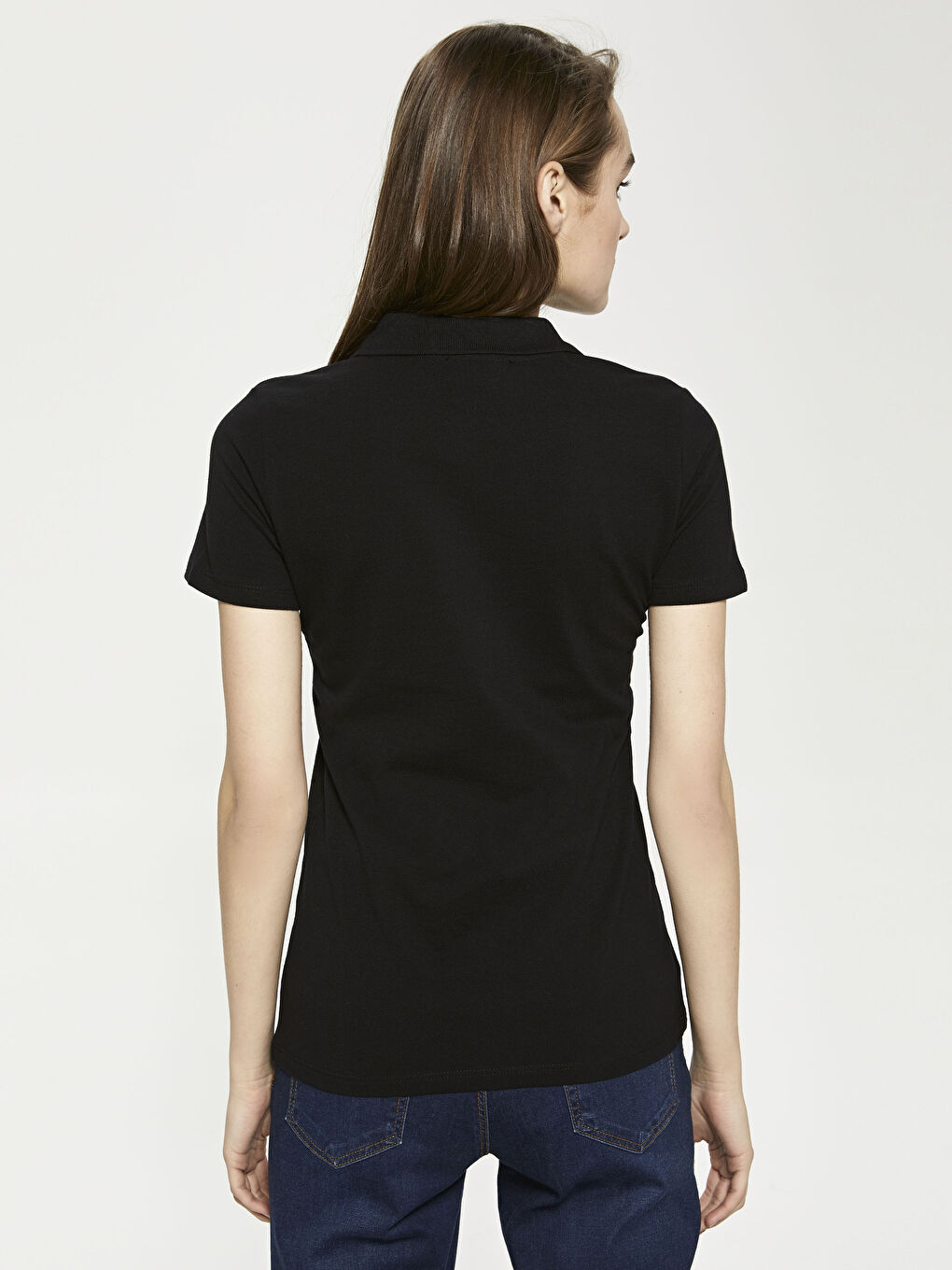 Siyah Polo Yaka Düz  Kısa Kollu Pike Kadın Tişört-4