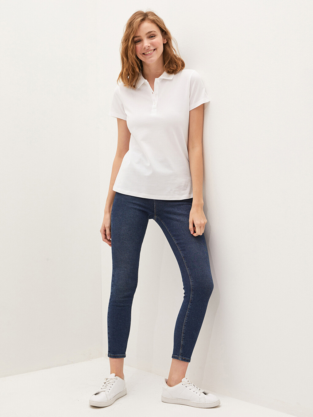 Polo Neck Straight Short Sleeve Piqué Women's T-shirt-2
