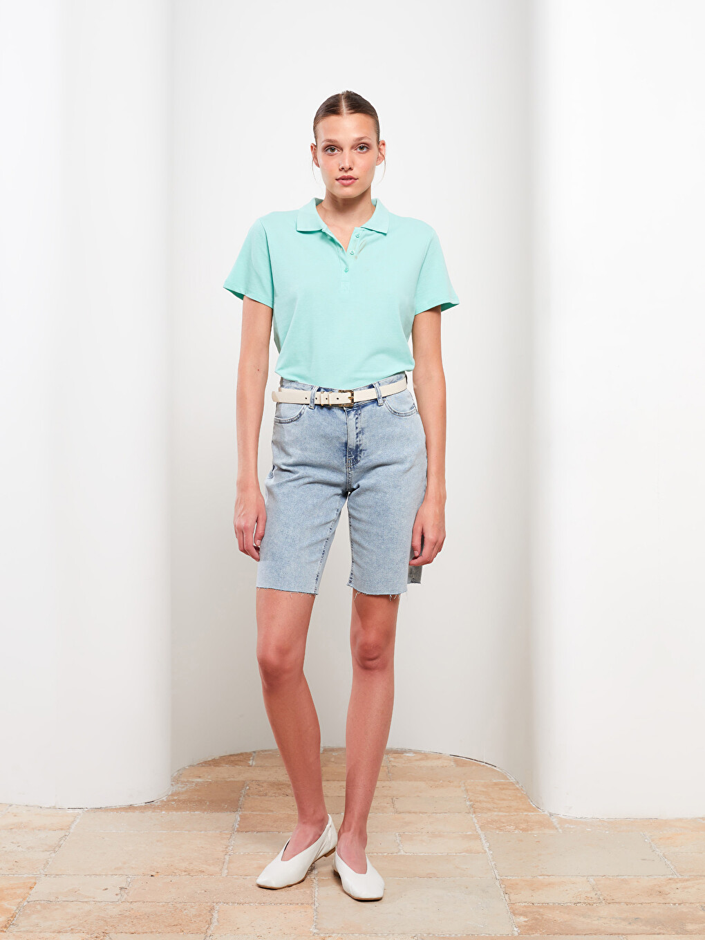 Polo Neck Straight Short Sleeve Piqué Women's T-shirt-3