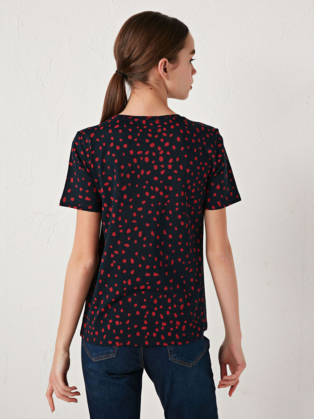Lacivert Bisiklet Yaka Desenli Kısa Kollu Kadın Pamuklu Tişört-3