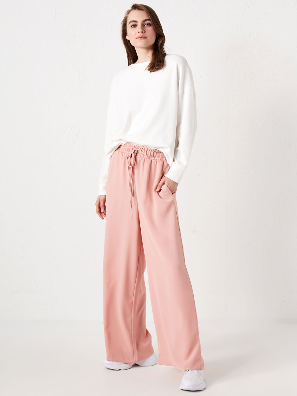 Pembe Beli Lastikli Palazzo Kadın Pantolon