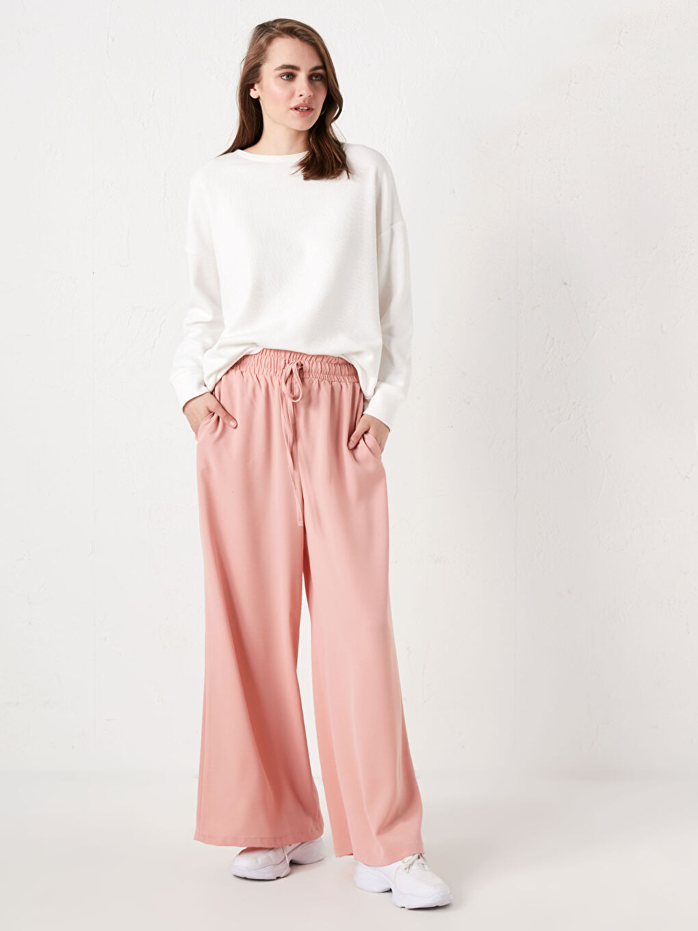 Pembe Beli Lastikli Palazzo Kadın Pantolon-1