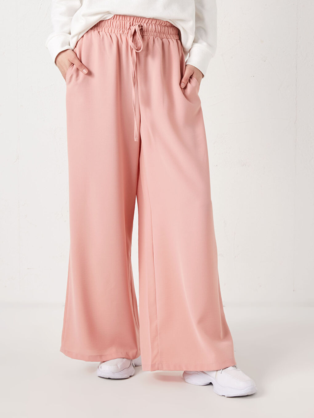 Pembe Beli Lastikli Palazzo Kadın Pantolon-2