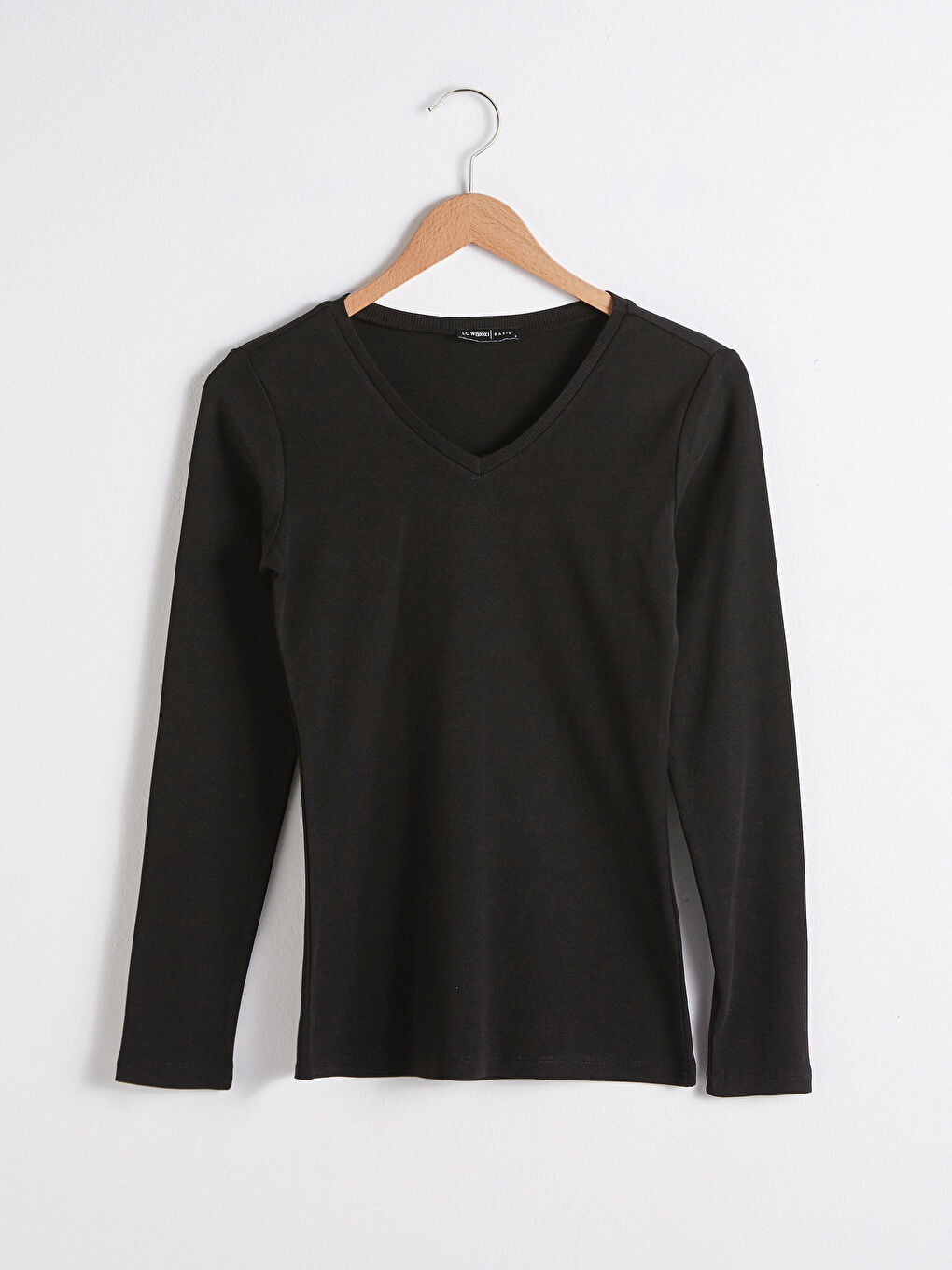 Siyah V Yaka Uzun Kollu Basic Tişört-5