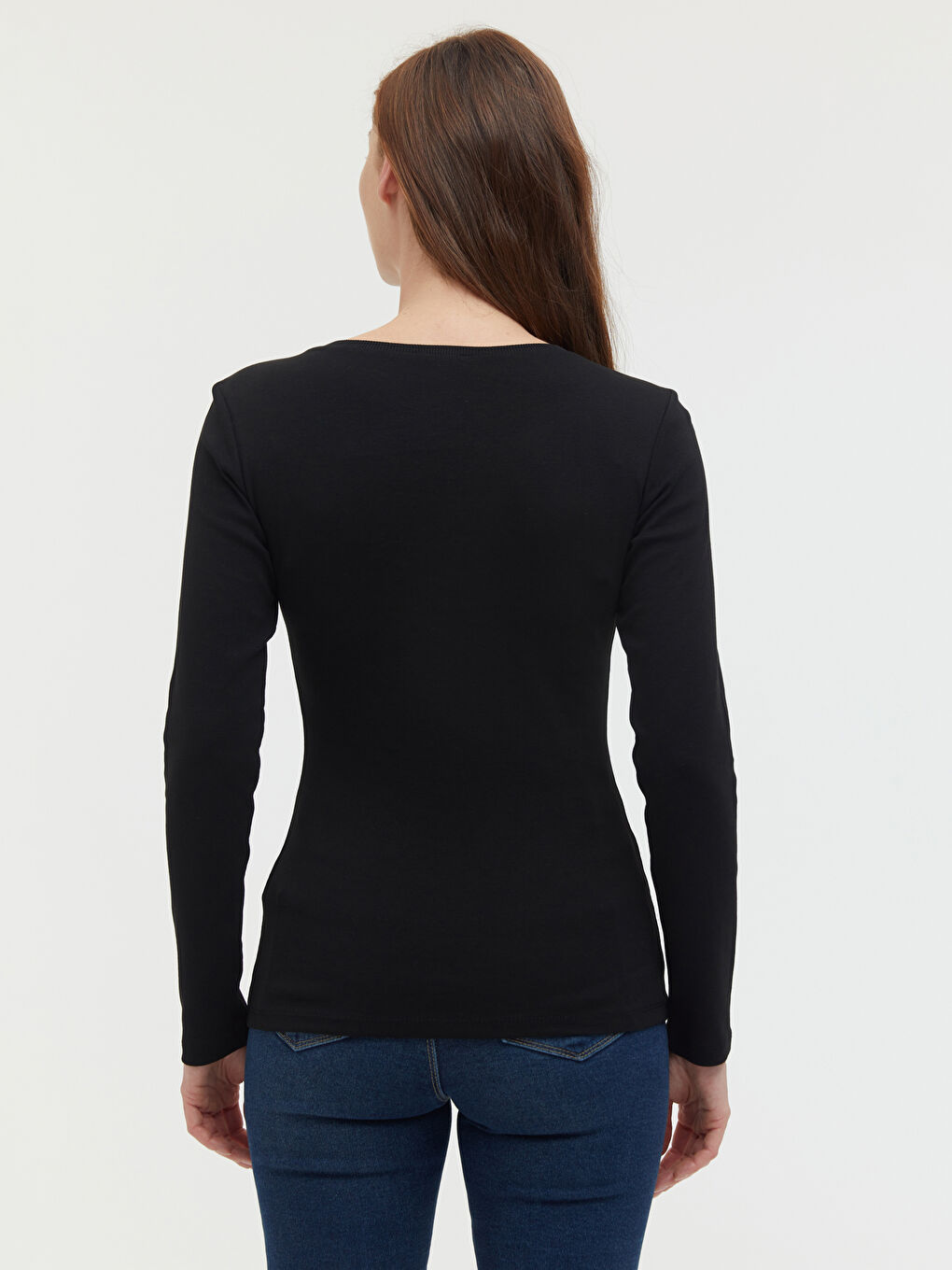 Siyah V Yaka Uzun Kollu Basic Tişört-3