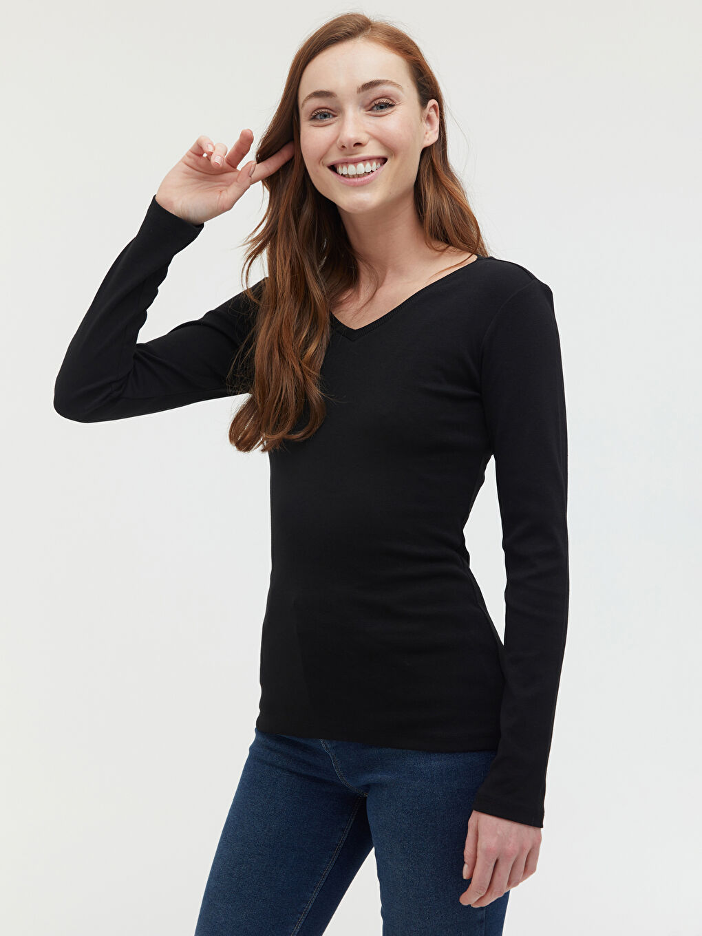 Siyah V Yaka Uzun Kollu Basic Tişört-4