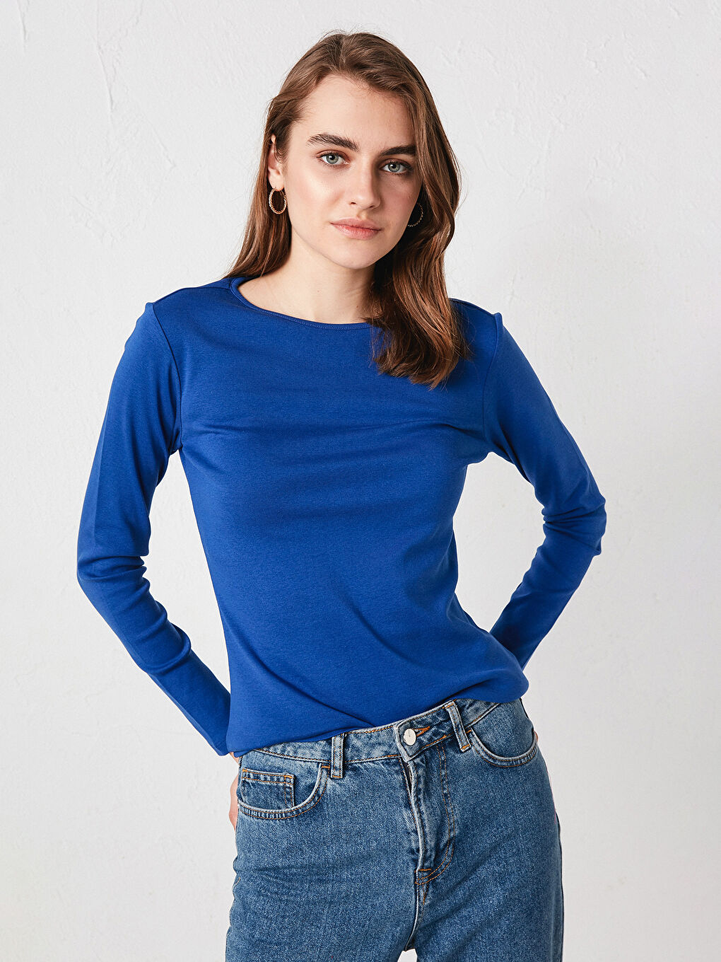 Lacivert Bisiklet Yaka Uzun Kollu Tişört