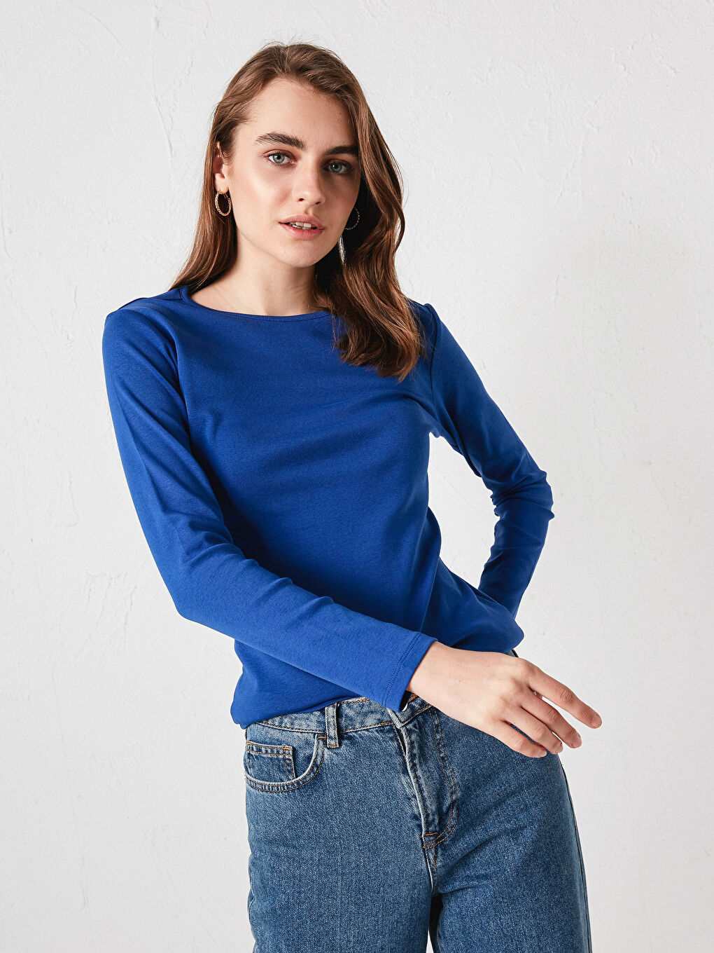 Lacivert Bisiklet Yaka Uzun Kollu Tişört-2