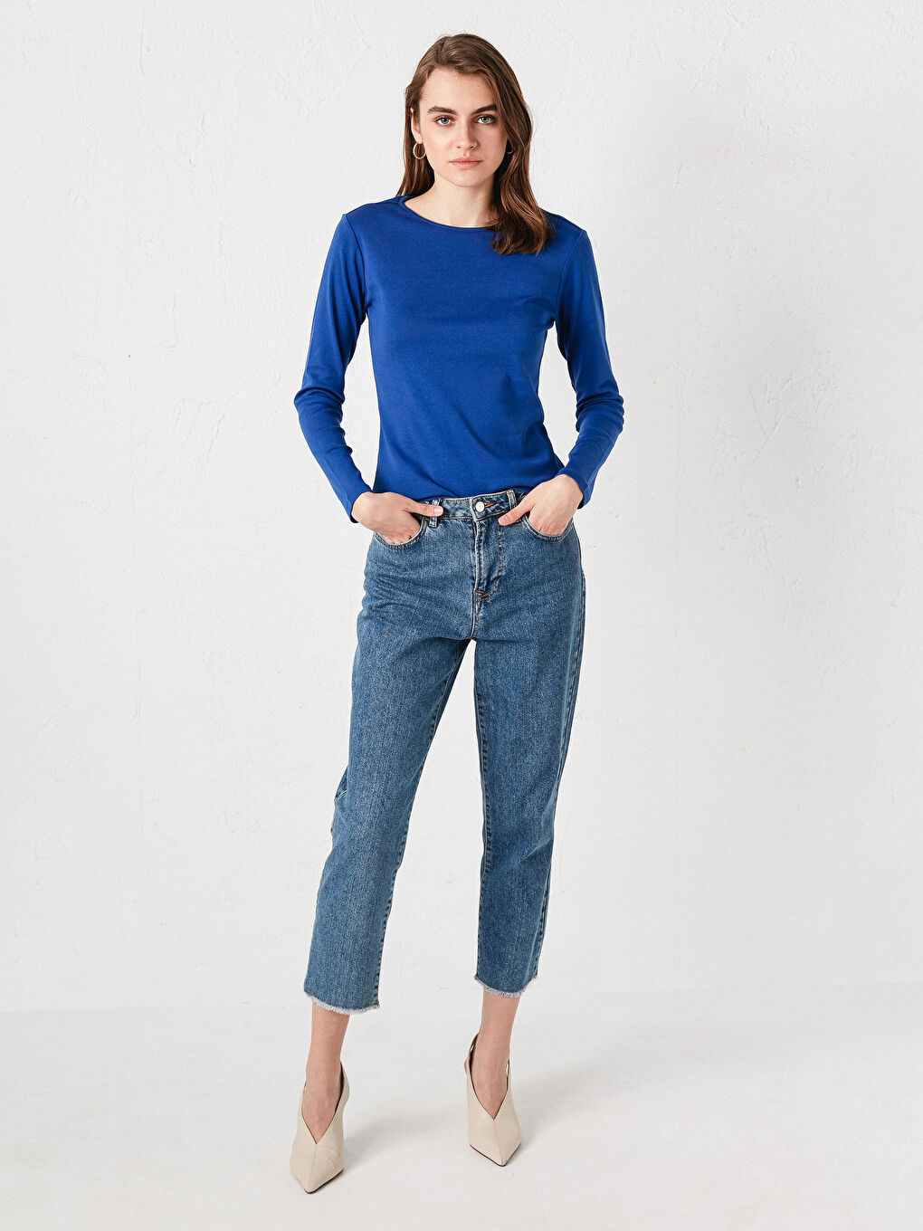 Lacivert Bisiklet Yaka Uzun Kollu Tişört-3