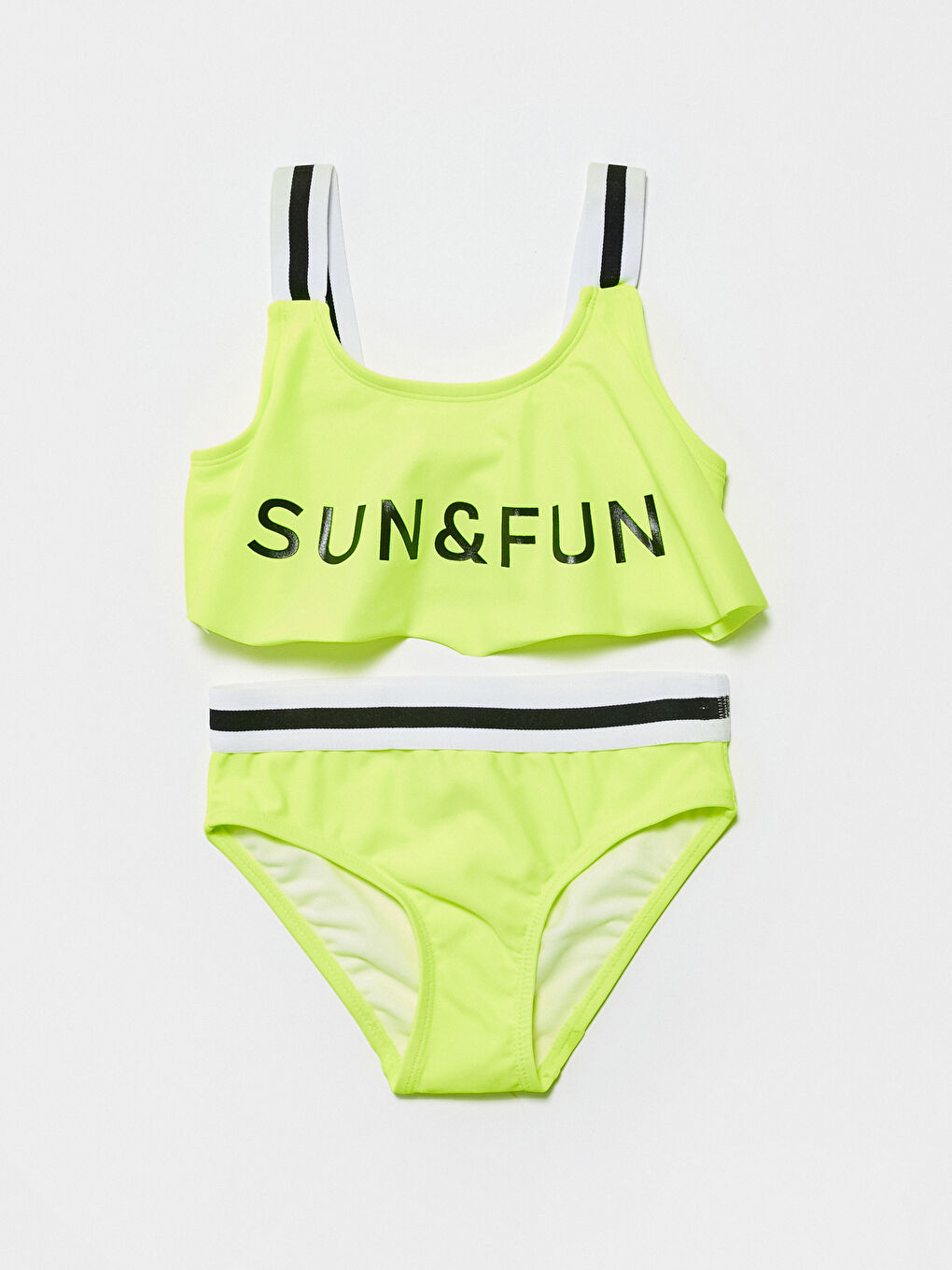 Sarı Esnek Kumaş Yazı Baskılı Kız Çocuk Bikini