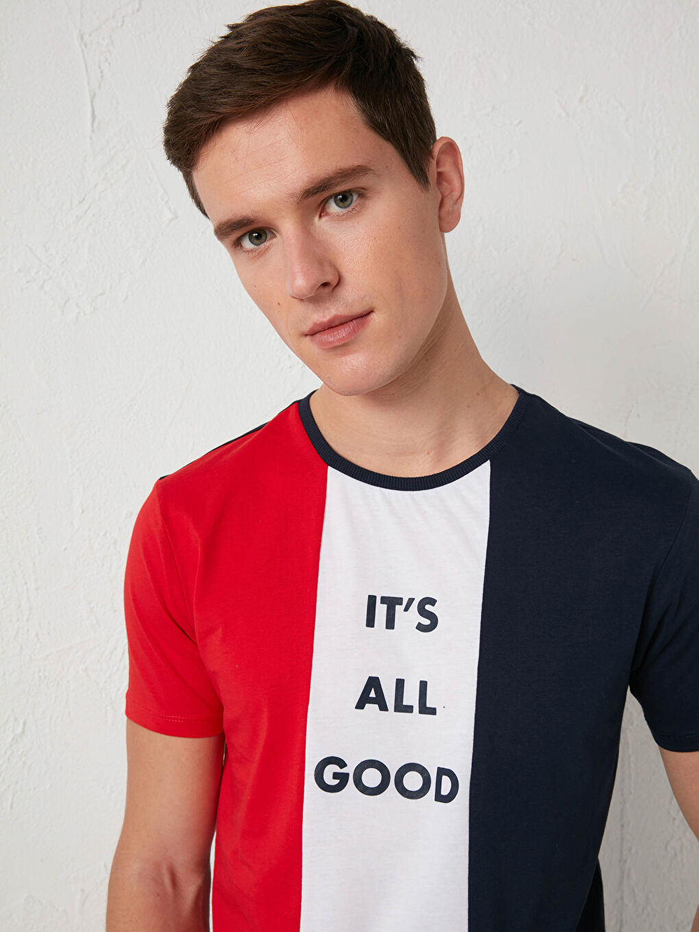 Lacivert Bisiklet Yaka Baskılı Penye Tişört-2