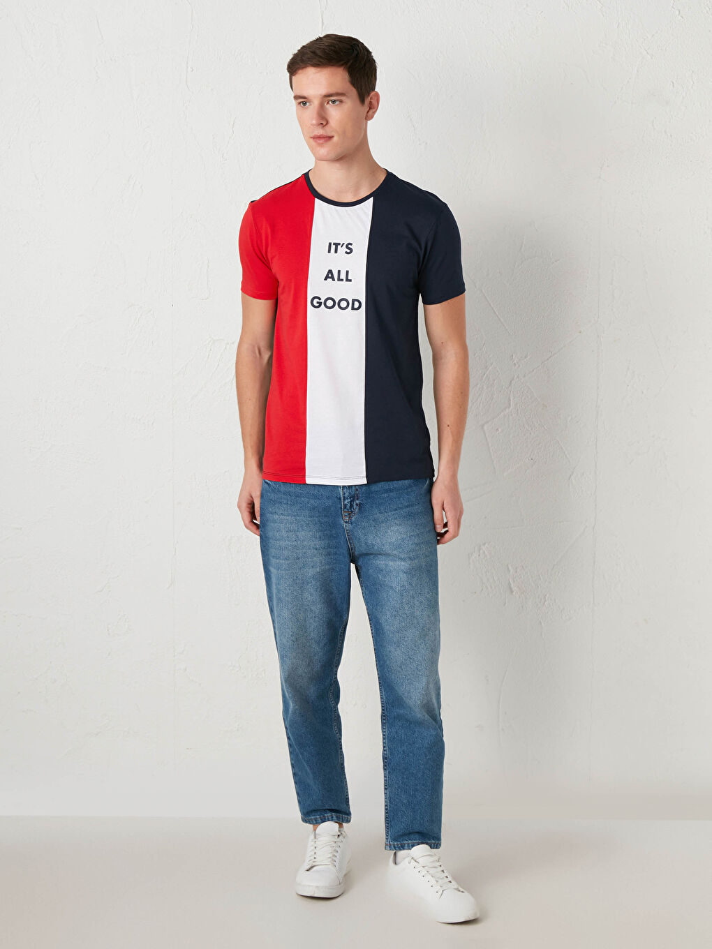 Lacivert Bisiklet Yaka Baskılı Penye Tişört-3