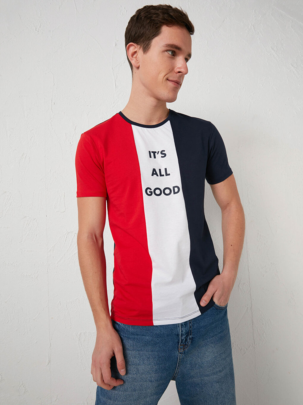 Lacivert Bisiklet Yaka Baskılı Penye Tişört-1