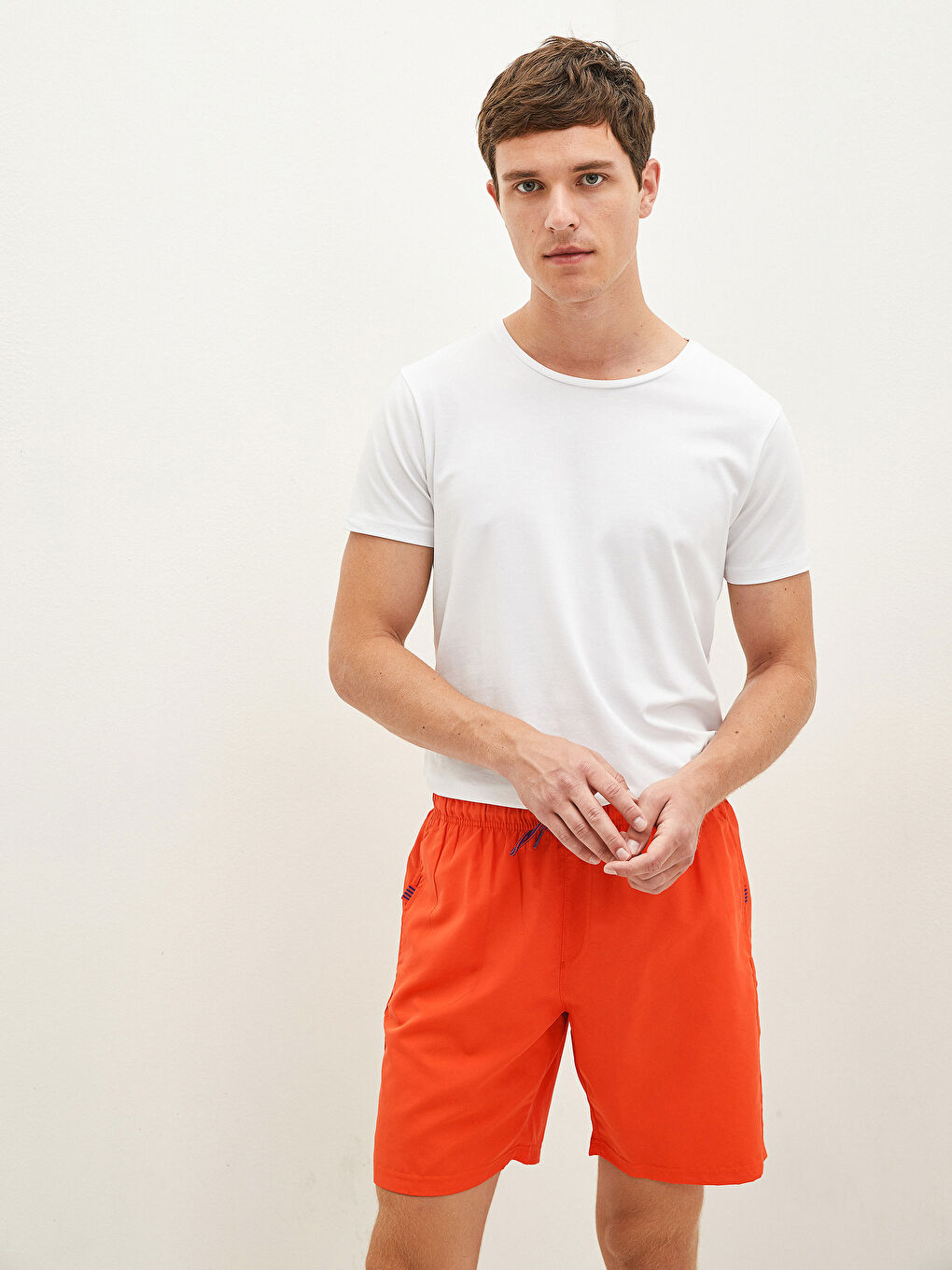 Turuncu Diz Hizası Boy Basic Erkek Deniz Şortu-2
