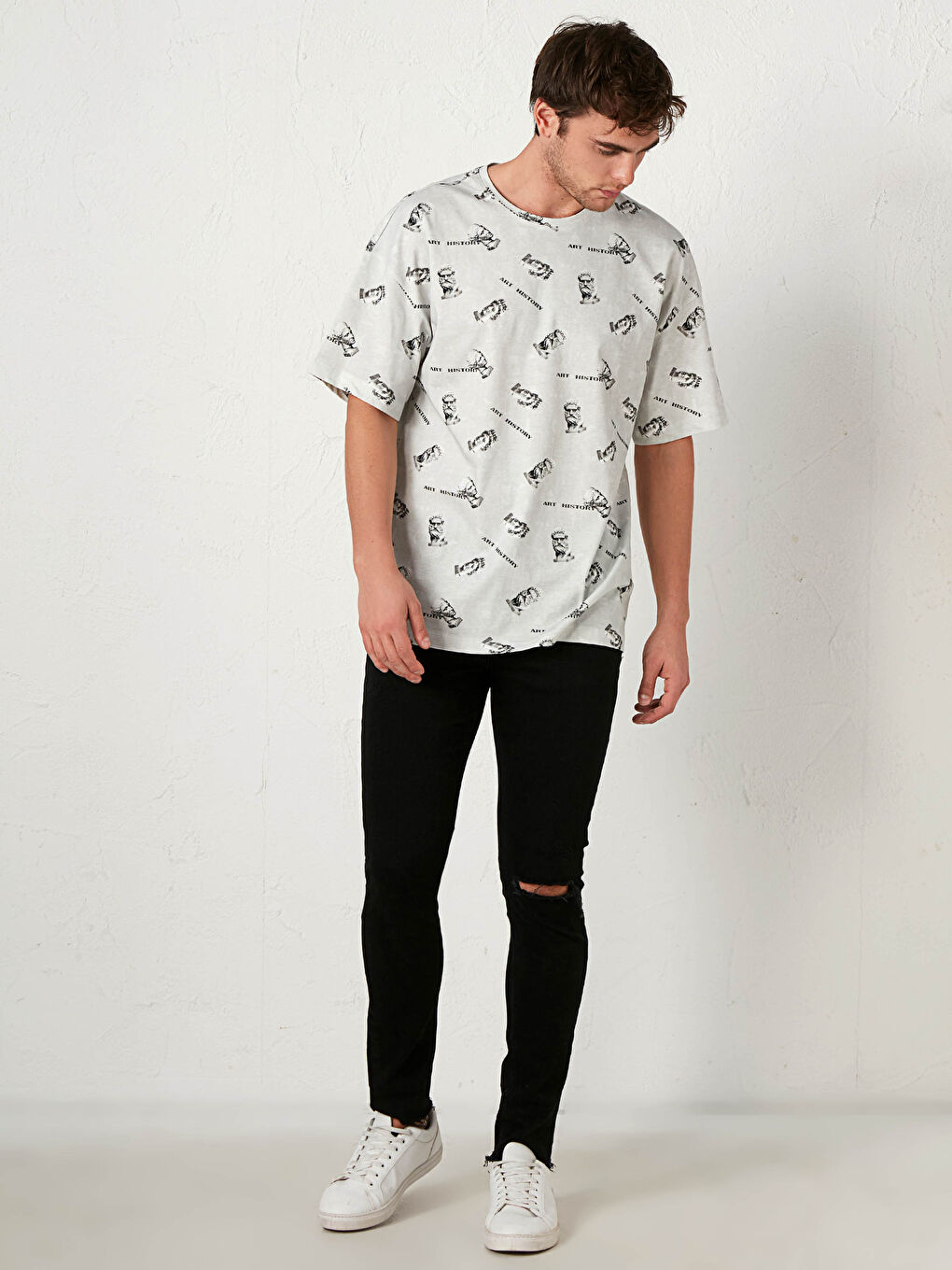 Κοντομάνικη Μπλούζα με Στρογγυλή Λαιμόκοψη από Πενεμένο Βαμβάκι με Εκτύπωση-1