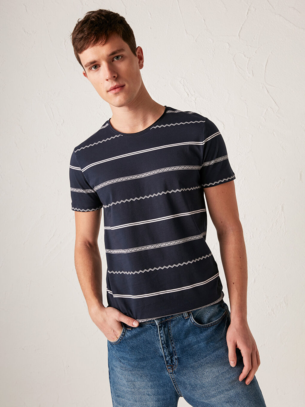 Crew Neck Striped Combed Cotton T-Shirt