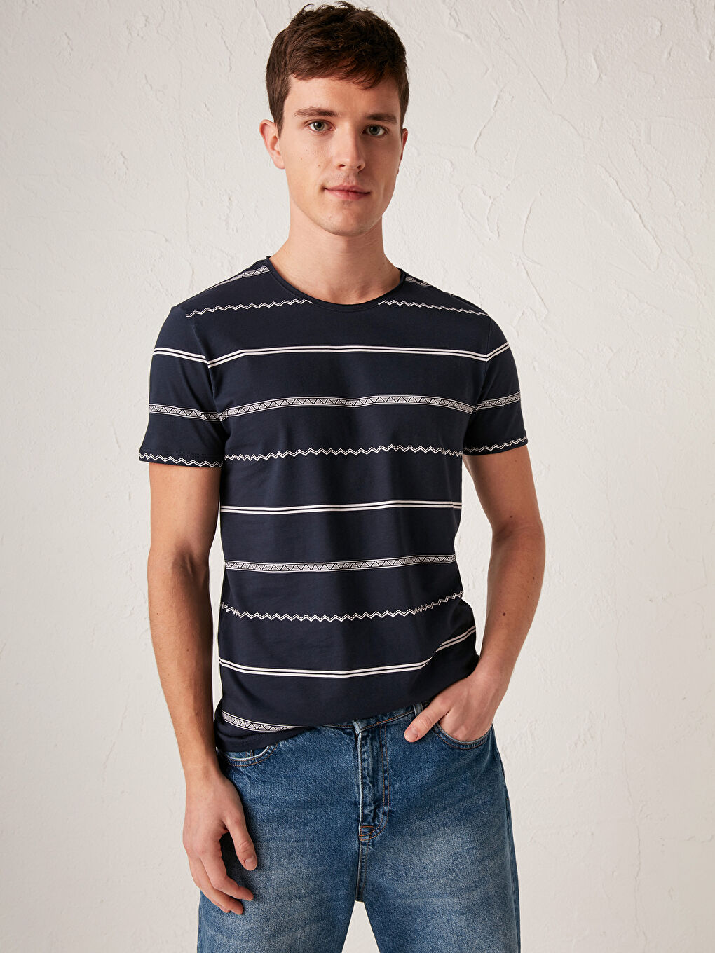 Crew Neck Striped Combed Cotton T-Shirt-1