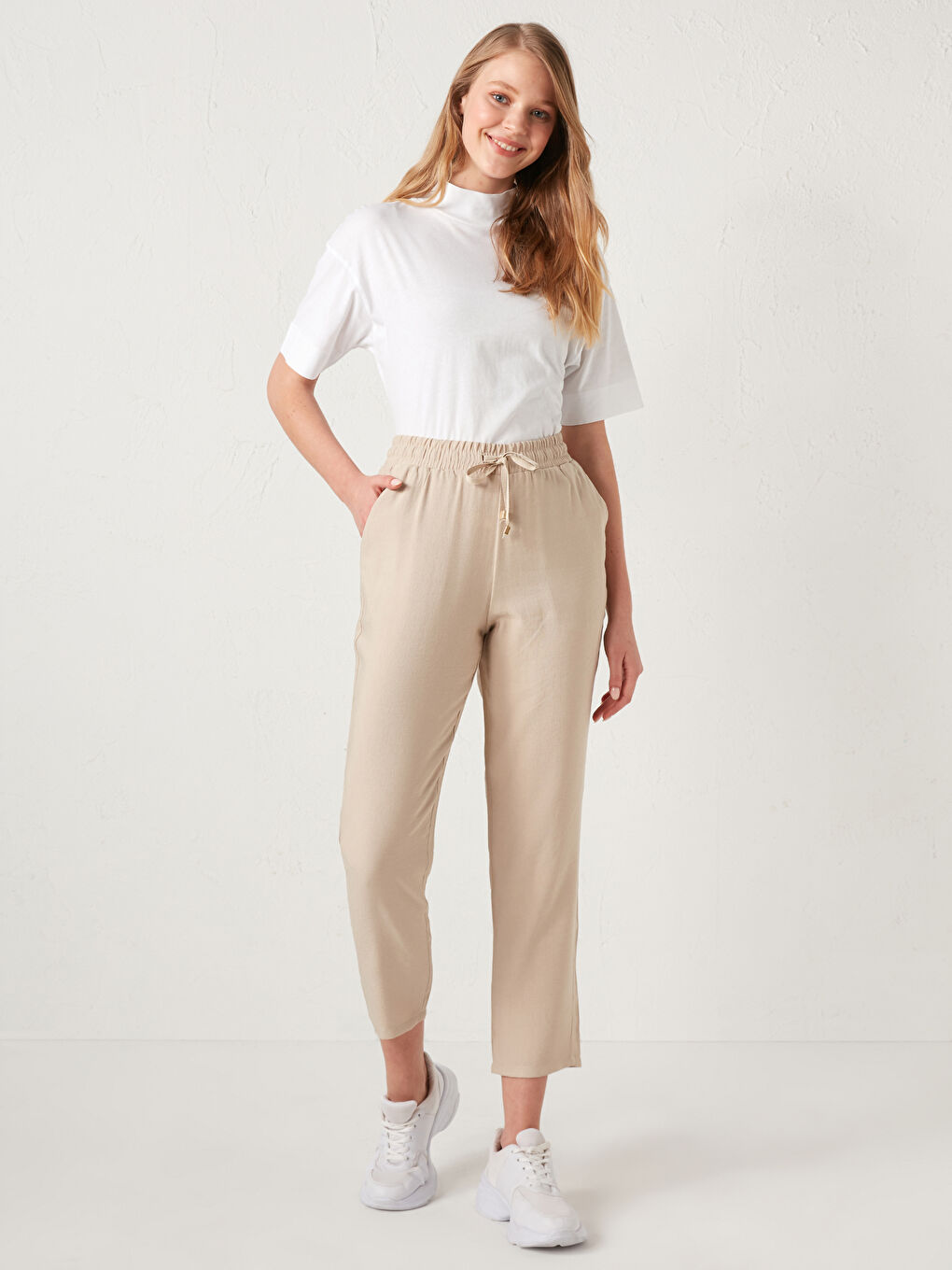 Bej Beli Lastikli Pantolon-2