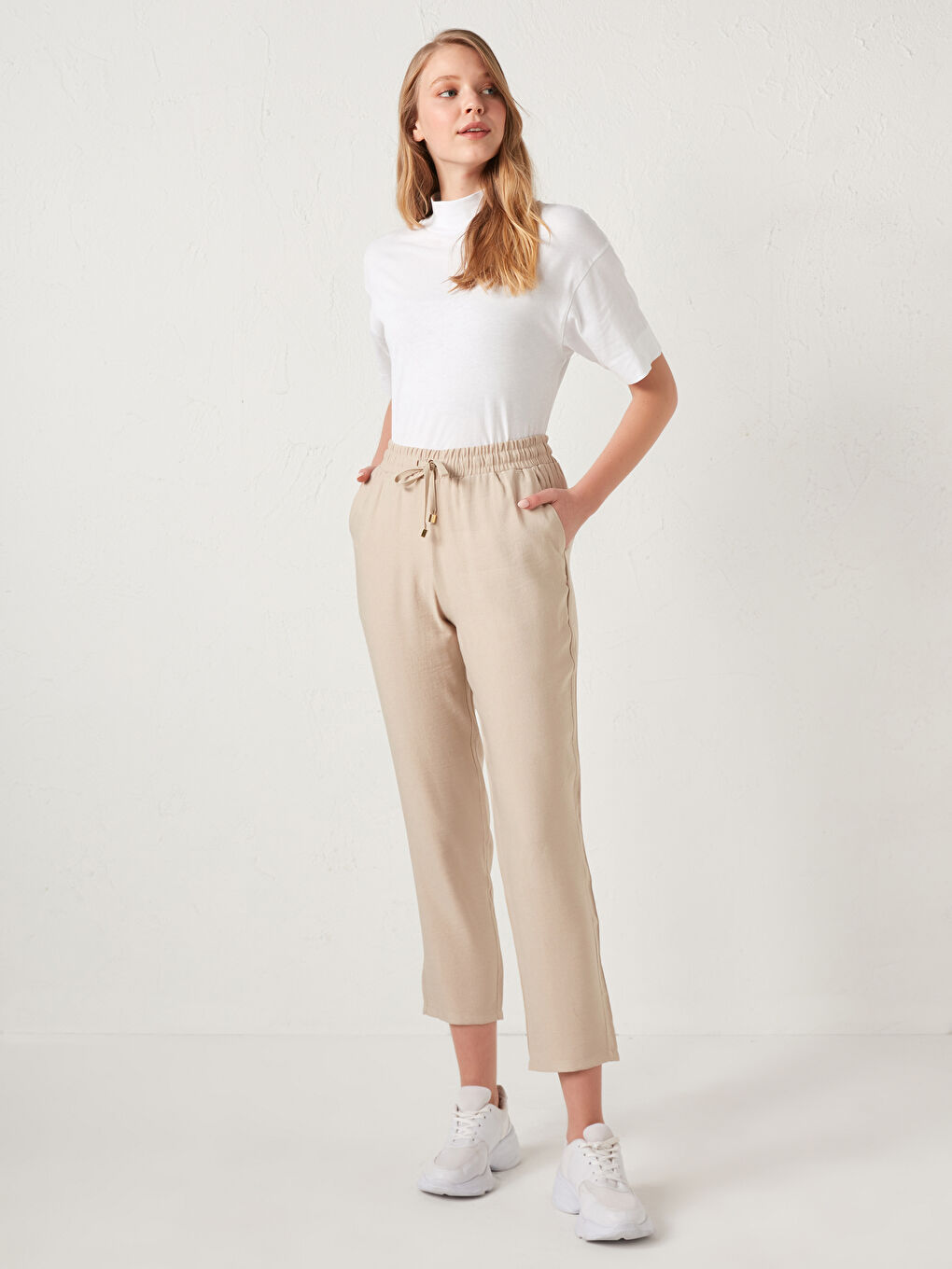 Bej Beli Lastikli Pantolon-3