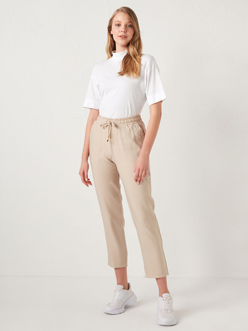 Bej Beli Lastikli Pantolon-4