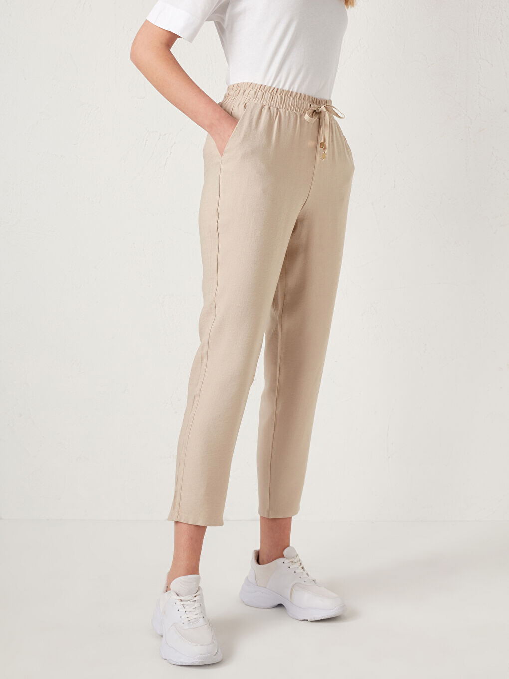 Bej Beli Lastikli Pantolon-5