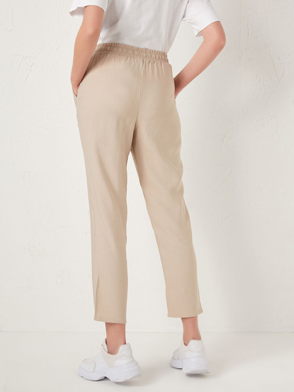 Bej Beli Lastikli Pantolon-6