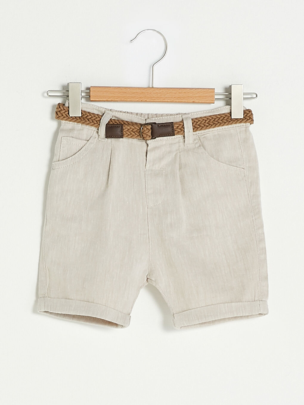 Bej Basic Pamuklu Erkek Bebek Şort ve Kemer 2'li Takım