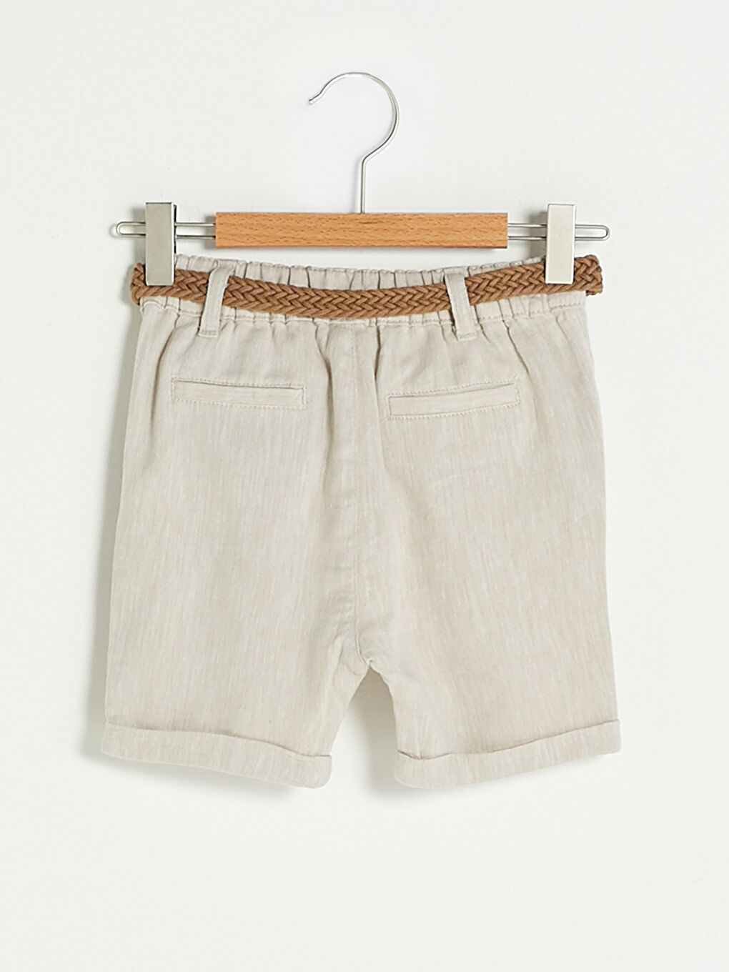 Bej Basic Pamuklu Erkek Bebek Şort ve Kemer 2'li Takım-1