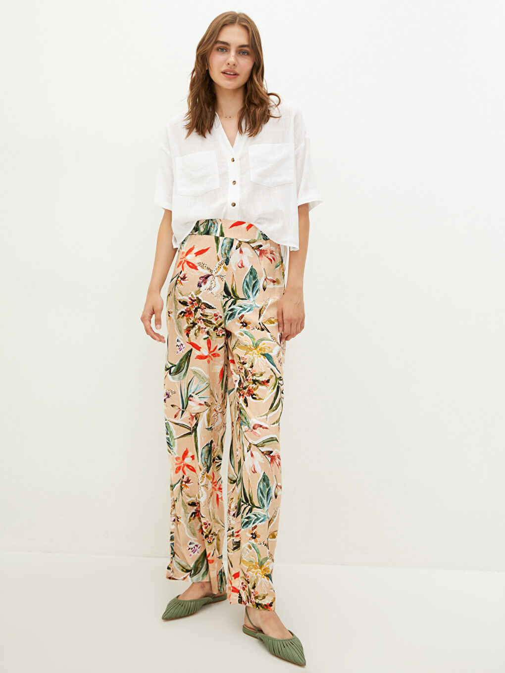 Pantalone od viskoze sa elastičnim strukom i cvetnim dezenom za žene-2