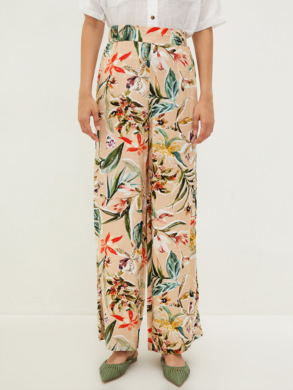 Pantalone od viskoze sa elastičnim strukom i cvetnim dezenom za žene-3