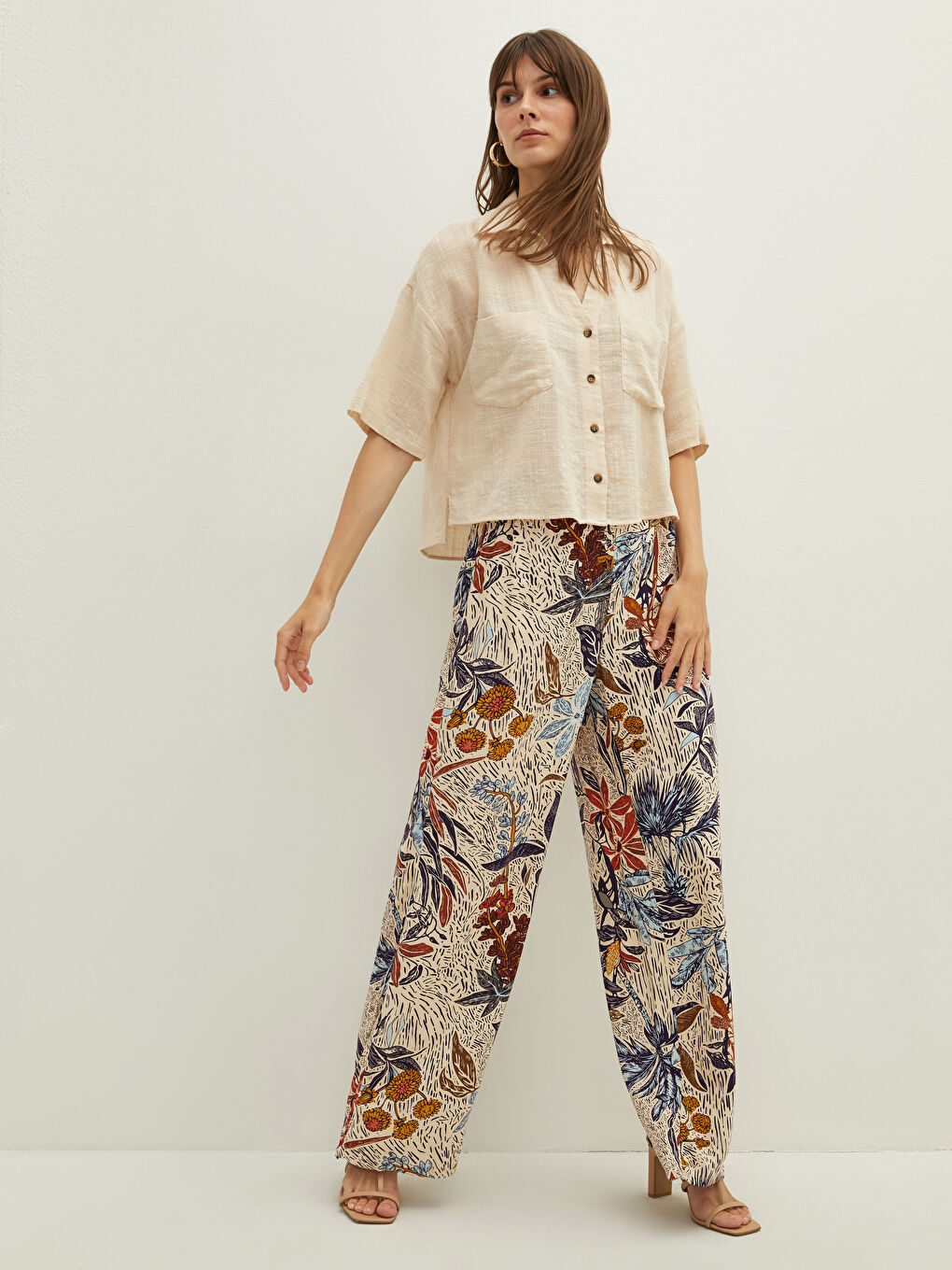 Turuncu Beli Lastikli Desenli Viskon Kadın Pantolon-1