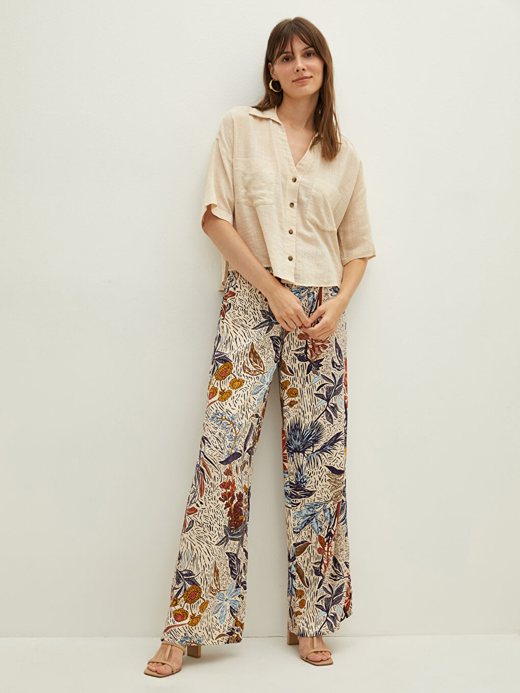 Turuncu Beli Lastikli Desenli Viskon Kadın Pantolon-2