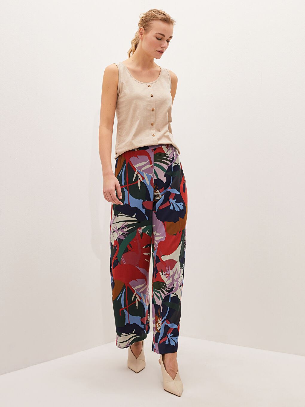 Elastic Waist Printed Viscose Women Trousers