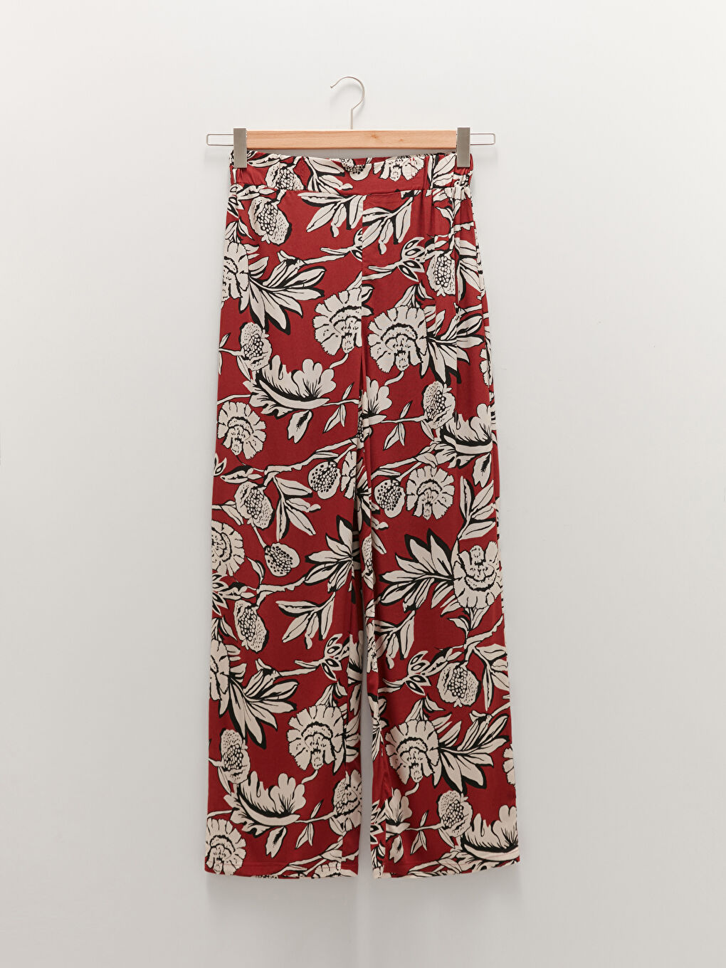 Bordo Beli Lastikli Baskılı Viskon Kadın Pantolon-5