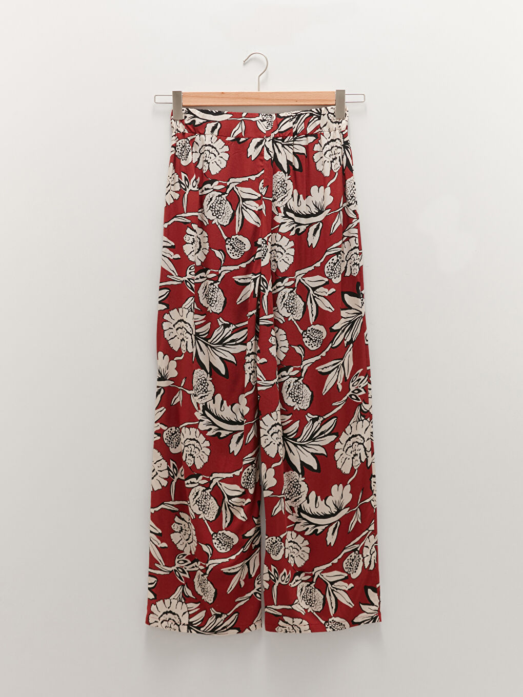 Bordo Beli Lastikli Baskılı Viskon Kadın Pantolon-6